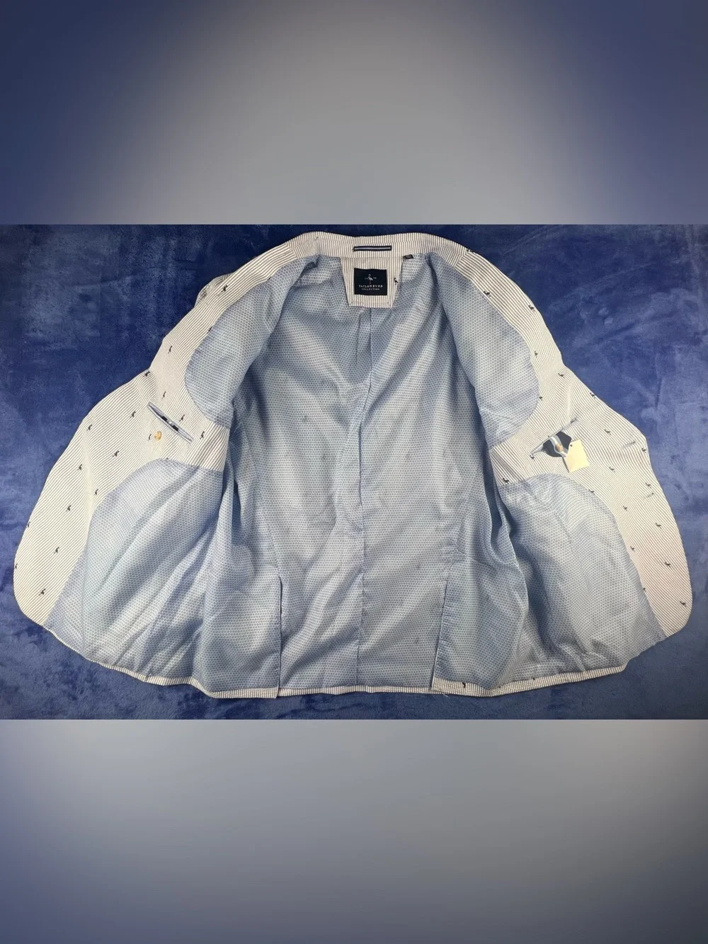 Tailorbyrd Mens Blazer 48R Seersucker Cotton Blue White Embroidered Flamingo